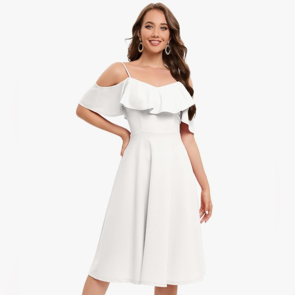 Women's Off Shoulder A Line Swing Midi Long Dress Party Wedding Cocktail Dress L